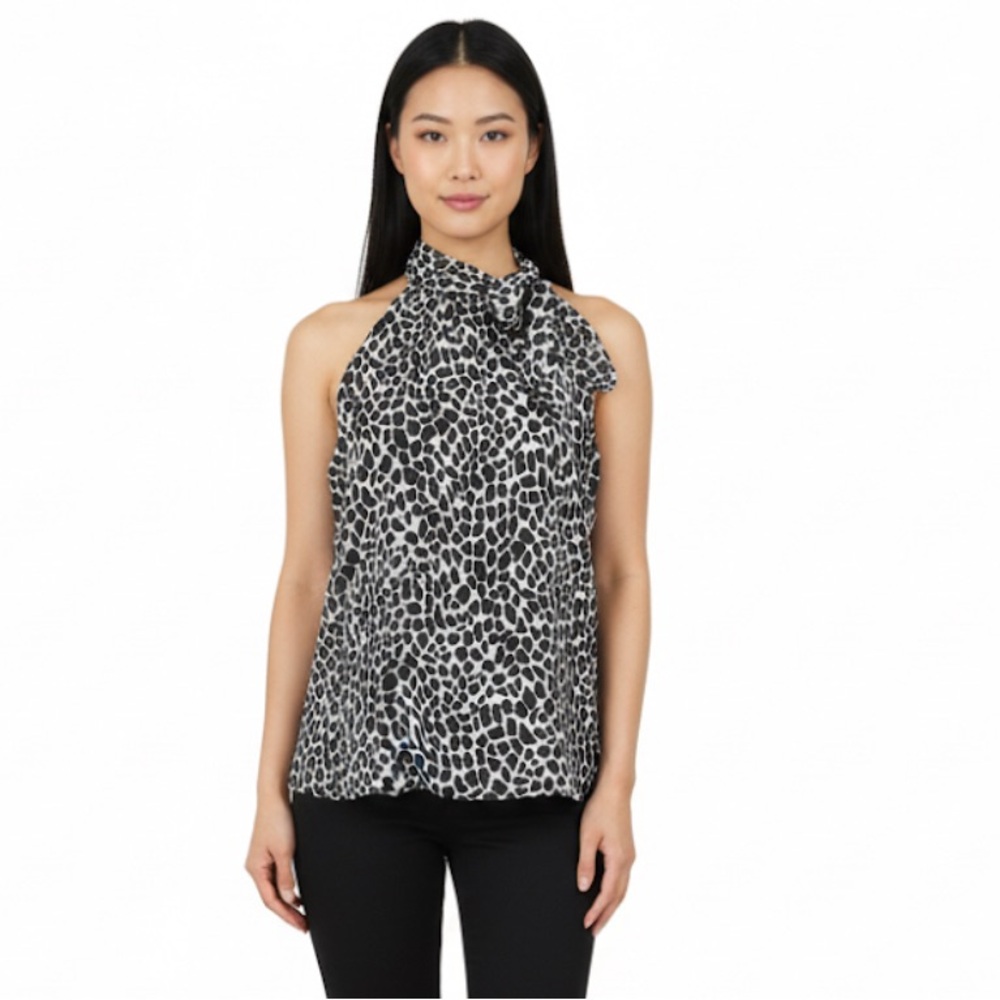 Cato Sleeveless Black & White Blouse with Tie Neck, Size Large